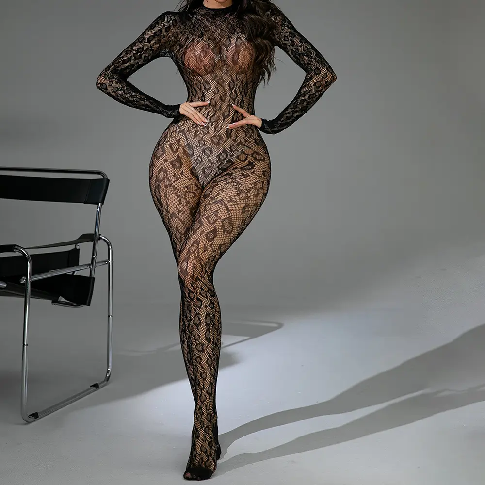 Leopard Print Sexy Nightwear Purple Jacquard Bodysuit Long Sleeves Backless Design Nylon XL Size Woven Lingerie Charm