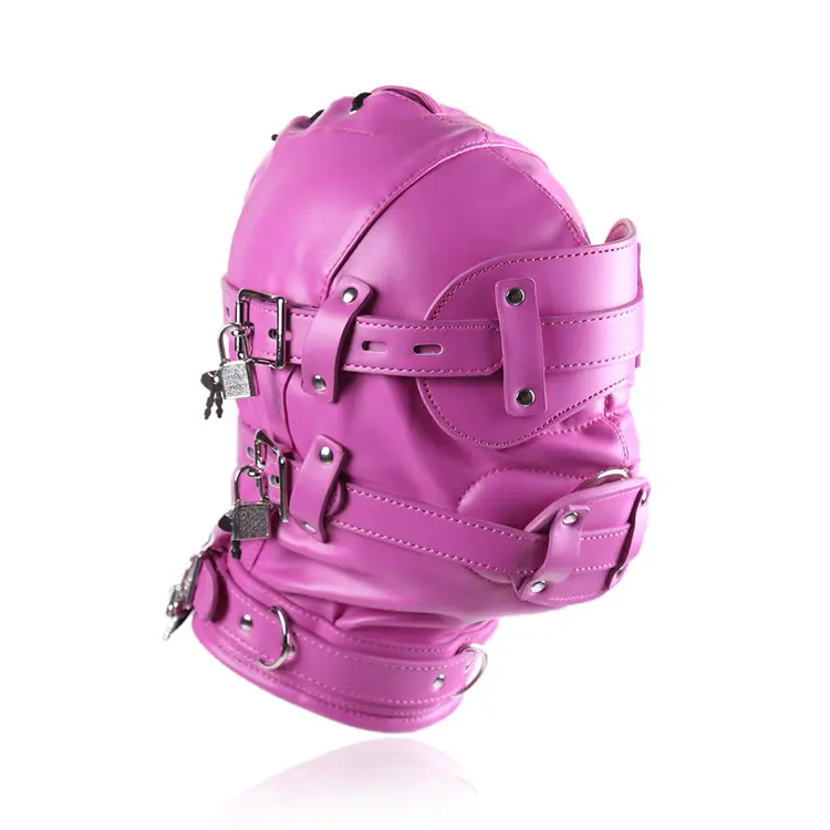Leather Bondage Gear FULL Head Fetish Mask Hood for Female BDSM Collar Gay Latex Dog Slave Hood for Sexual Role Play