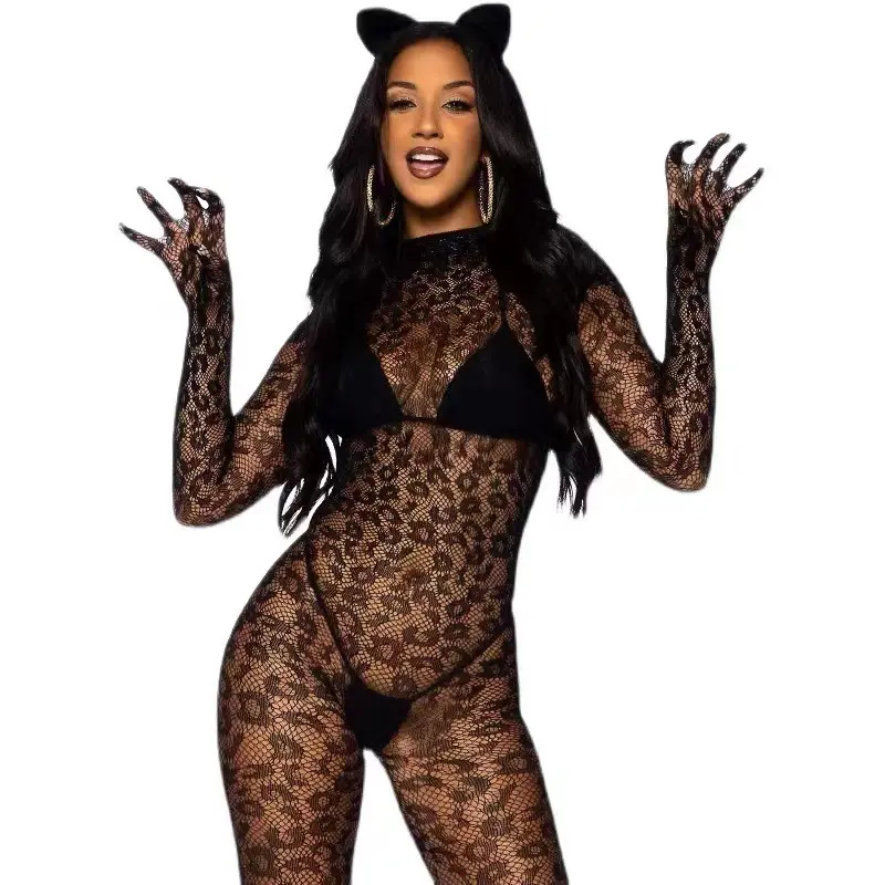 Wholesale Retro Leopard Fishnet Lingerie Underwear Sheer Nylon Full Body Tights Set Designed Women Mesh Clothing Bodystocking