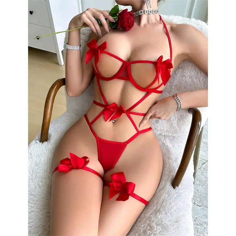 Bow Low-cup Bra and G-string Lingerie Set Sexy Underwear for Ladies and  Hot Sale Bandage Red 10 Women  Clothing