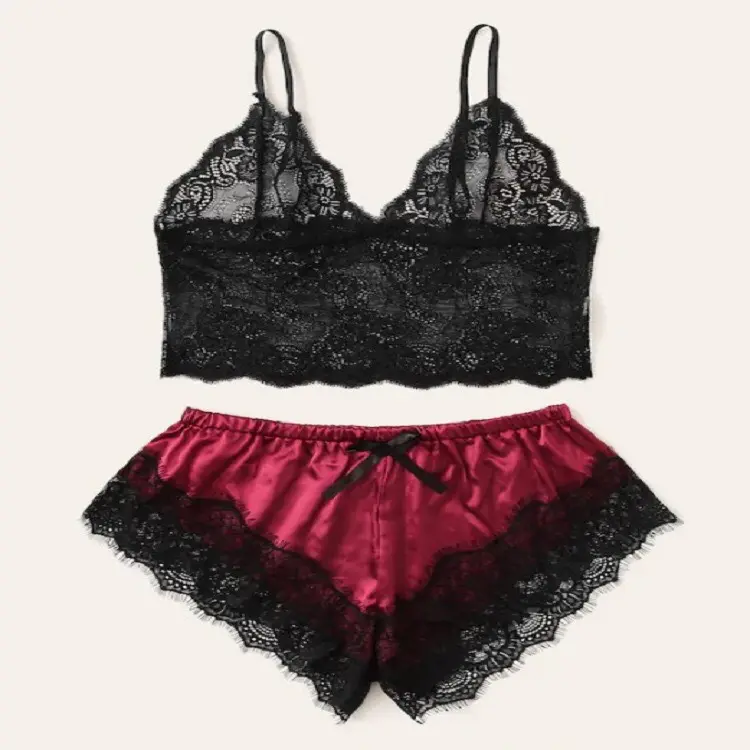 Women Sexy Lingerie 2pcs Sheer Temptation Lace Bra Satin Shorts Erotic Underwear Soft Mature Sleepwear