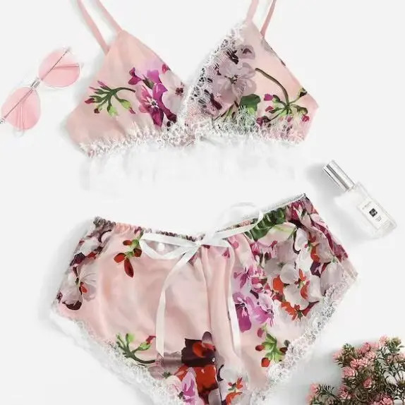 Women Sexy Lingerie 2pcs Sheer Temptation Lace Bra Satin Shorts Erotic Underwear Soft Mature Sleepwear