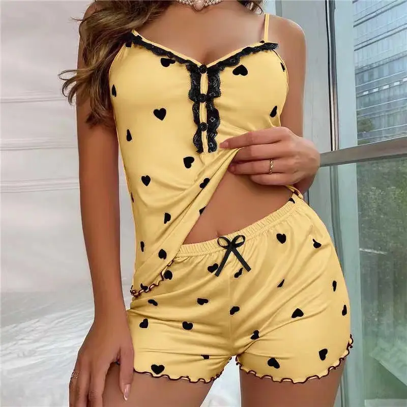 New Arrival Women'S Clothing Love Print Halter Top + Shorts Set Fashion Casual Home Wear 2-Piece Women'S Pajamas Set