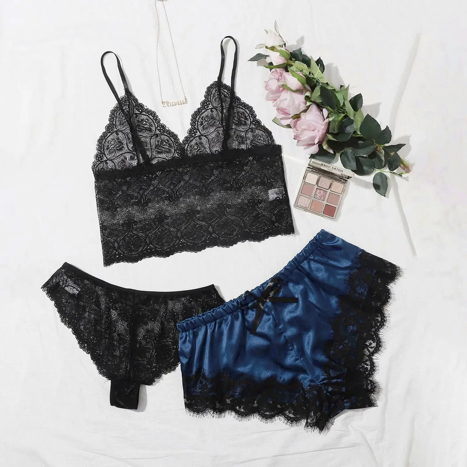 Soft Comfortable Fashion Design Satin Lingerie Satin Pajamas Set Shorts Sleepwear Nightwear for Women Girls