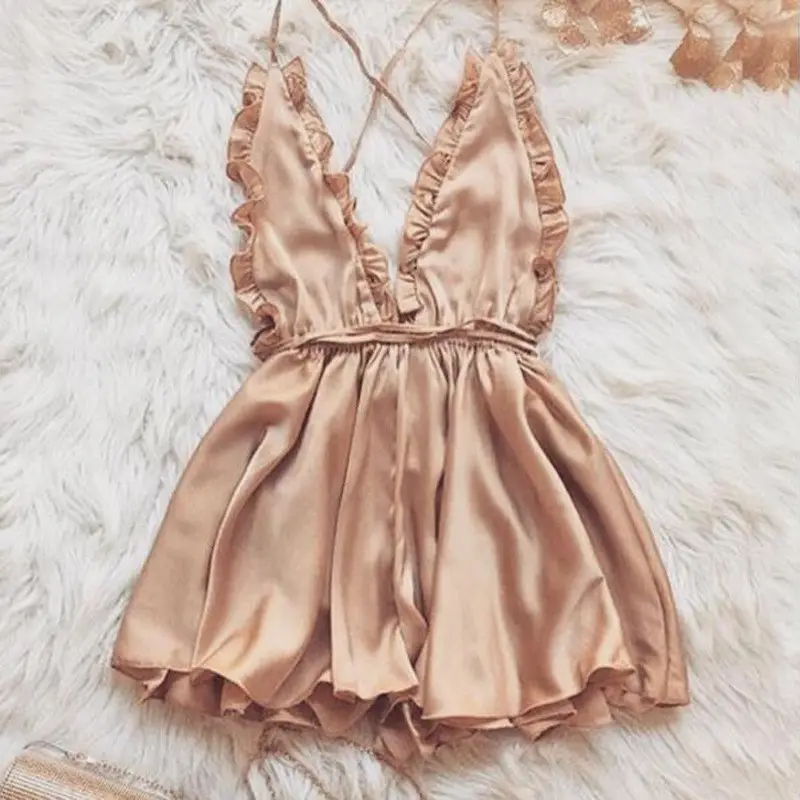 Women Lady Sexy Smooth Sleepwear Satin Dresses Strap Strappy V Neck Nightwear Lingerie Dress Homewear Backless S-XL
