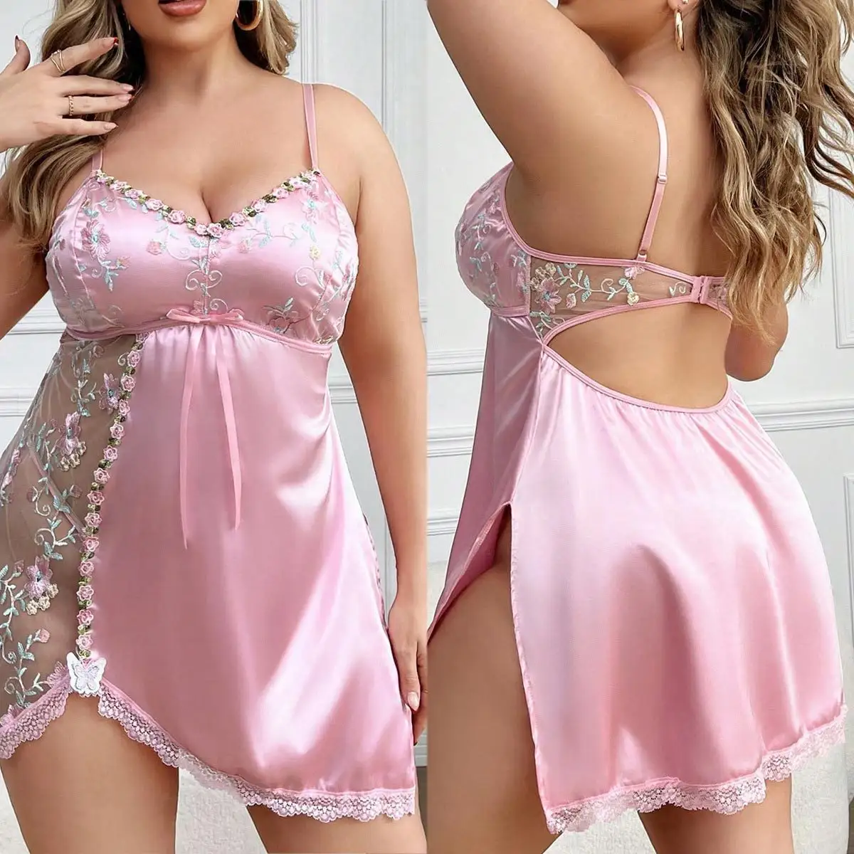 2XL 3XL 4XL Plus Size Nightgown Fat Women Sexy Lace Floral Embroidered Sleepwear Lingerie Nightdress Babydoll Lingerie