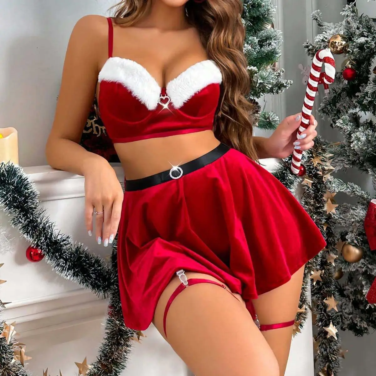 Sexy Satin V-neck Velvet Christmas Dress Lingerie Set New High Quality 4-piece Underwear Set