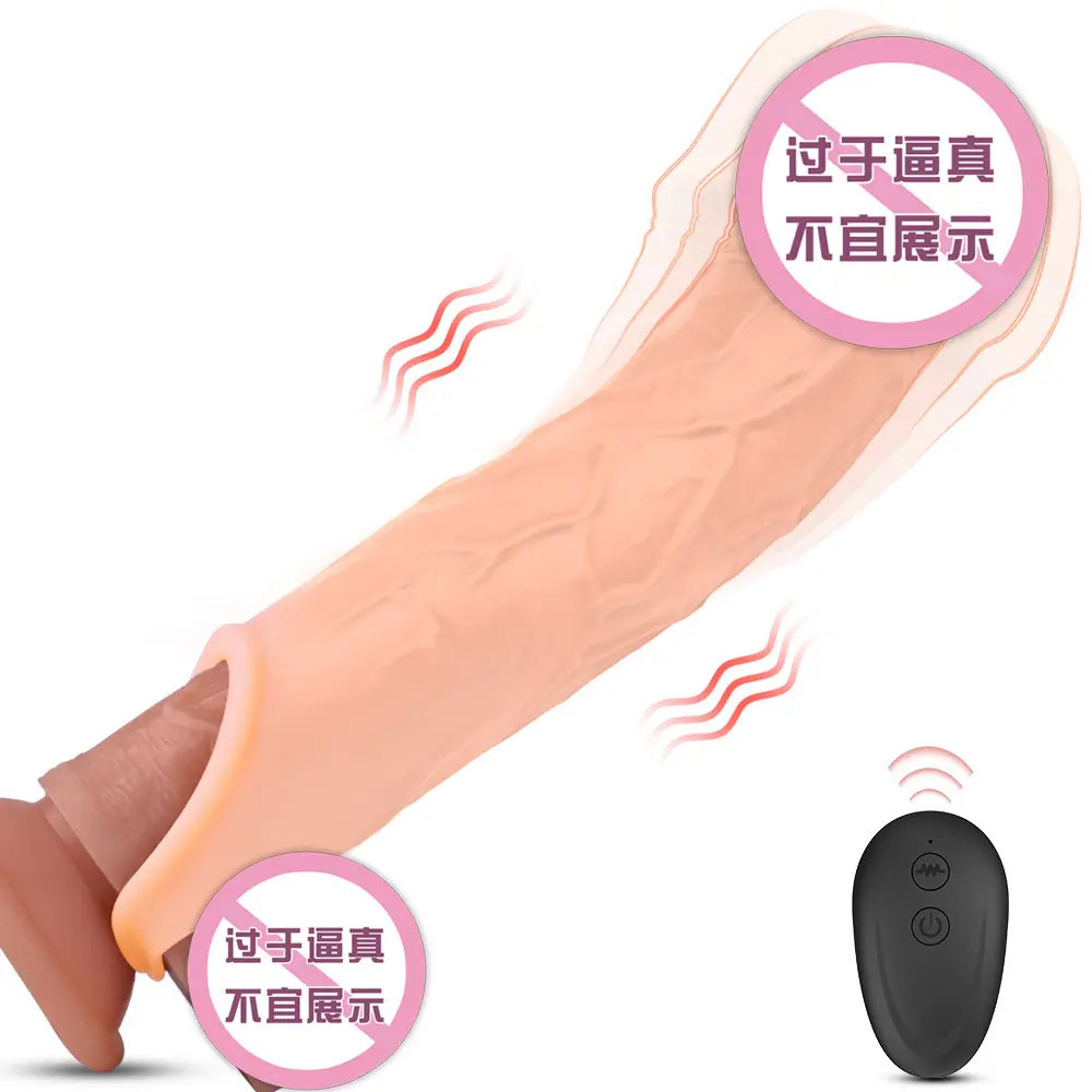 Silicone Reusable Vibrating Penis Cover Extender 10 Frequency Vibration Penis Sleeves for Men with Remote Control