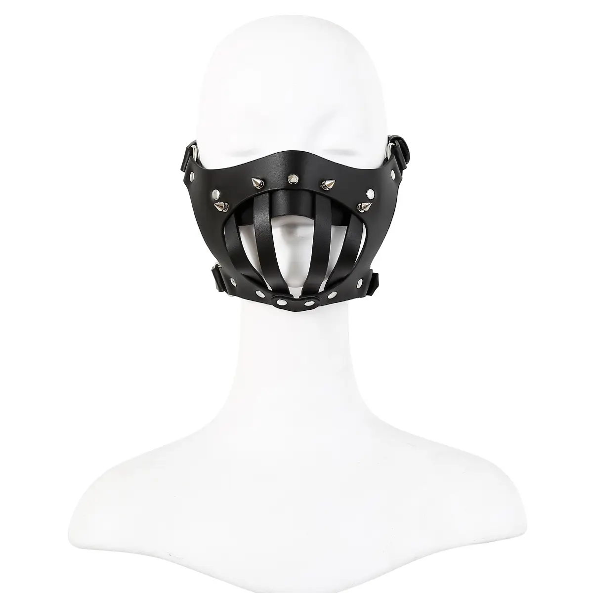 SM Bondage Gear Mask Blindfold Mouth BDSM Pun Rivet Binding Head Harness Leather Fetish Restraint Buckled Lockable Hood Model