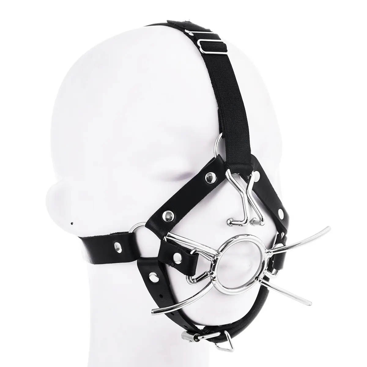 BDSM SM Sex Leather Head Harness Spider Ring Mouth Gag with Nose Hook O Ring Stainless Steel Collar Sex Toy for Woman