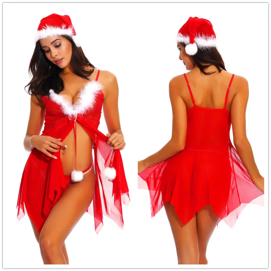 Hot Christmas Deep-v Transparent Mesh Lingerie Set New Erotic Solid Color Underwear Set