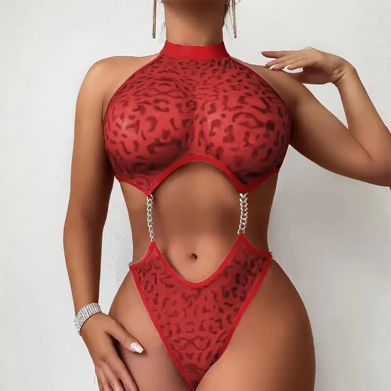 Flirting Lingerie Hollowed Out Erotic Nightclub Sexy Suit Night Sleepwear Shop Leopard Print Jumpsuit Splicing Sexy