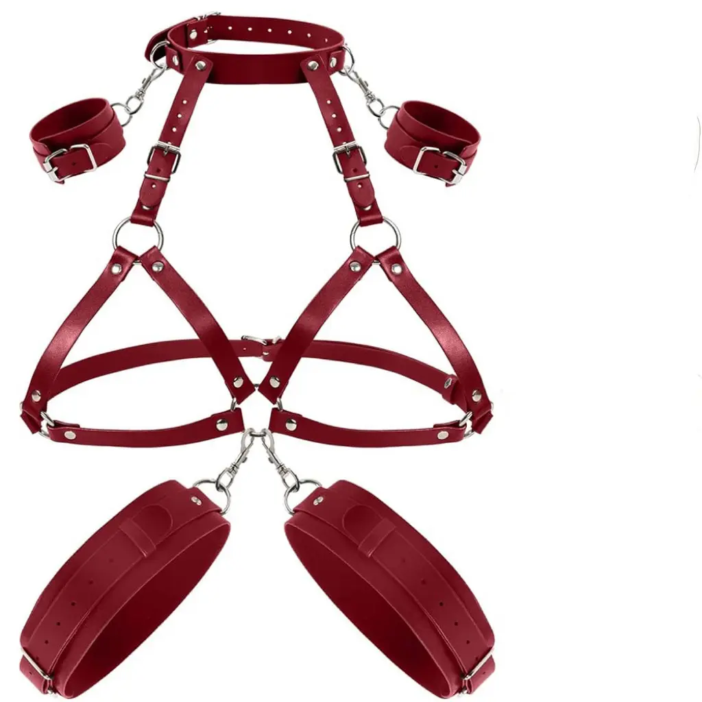 Female Sexy Wearing Lingerie Hollow Bra Collar Hand and Foot Cuff Set SM Binding and Restraint Leather Products