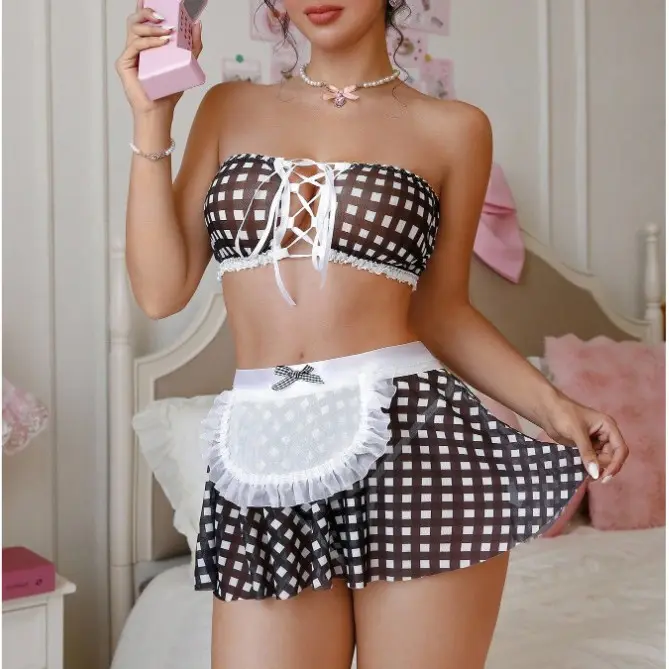 Women's Sexy Temptation Plaid Lingerie Set Lace Passion Uniform Short Maid Skirt Thin Shapewear Servant Cosplay Costume