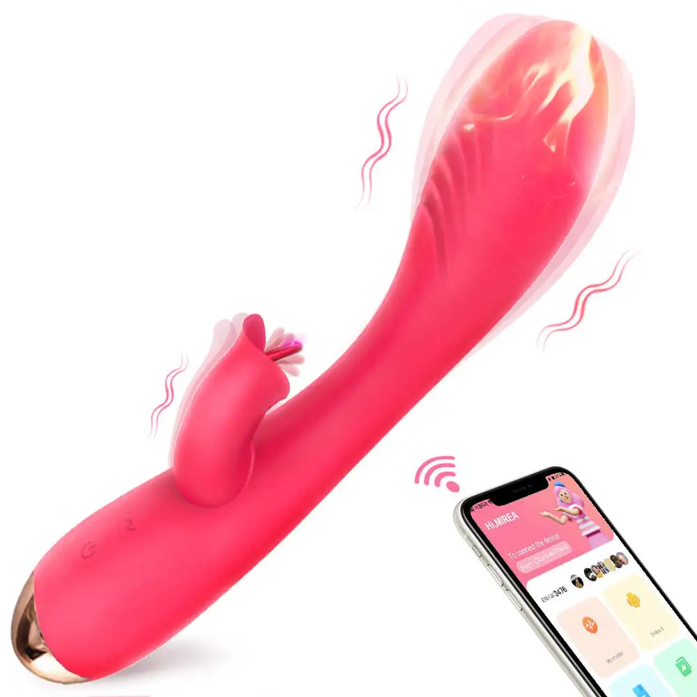 USB Rechargeable APP Control Dual Motor Heating Tongue Licking Rabbit Vibrator G-spot Clitoral Adult Sex Toys