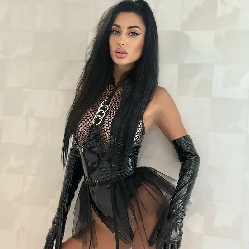 Sexy Mesh See-through Underwear Leather Patchwork Bodysuit Hanging Neck Sexy Lingerie Dress