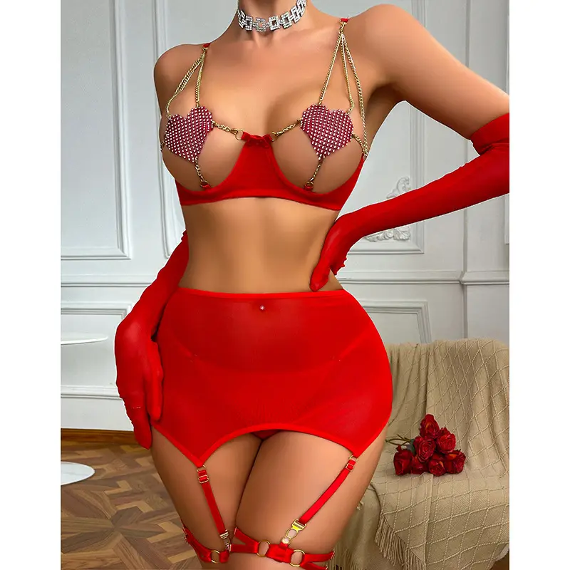 Valentines Open Chest Lingerie  Lace Push up Half Cup Bra With Chain Sexy Red  Underwear Intimate