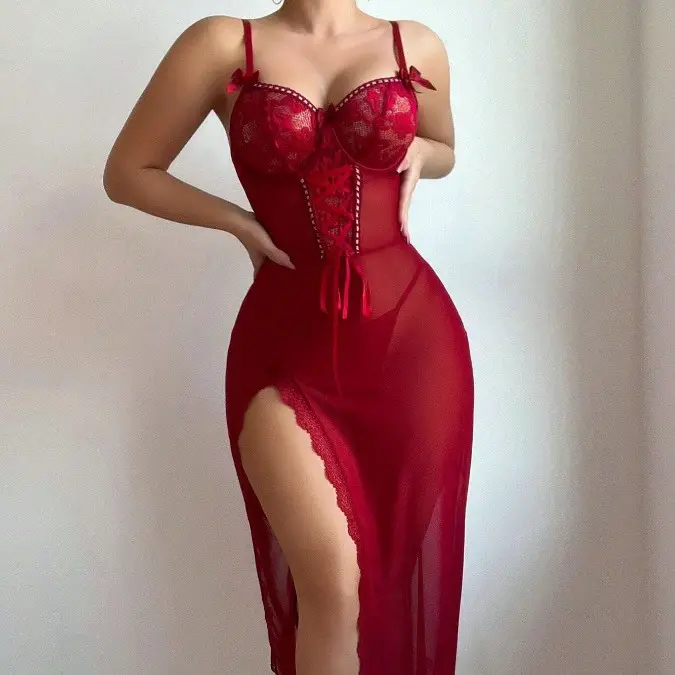 Fashion Women's Sexy Seductive Long Dress Lace Lingerie Sheer Mesh Thongs Side Slit Nightdress Woman