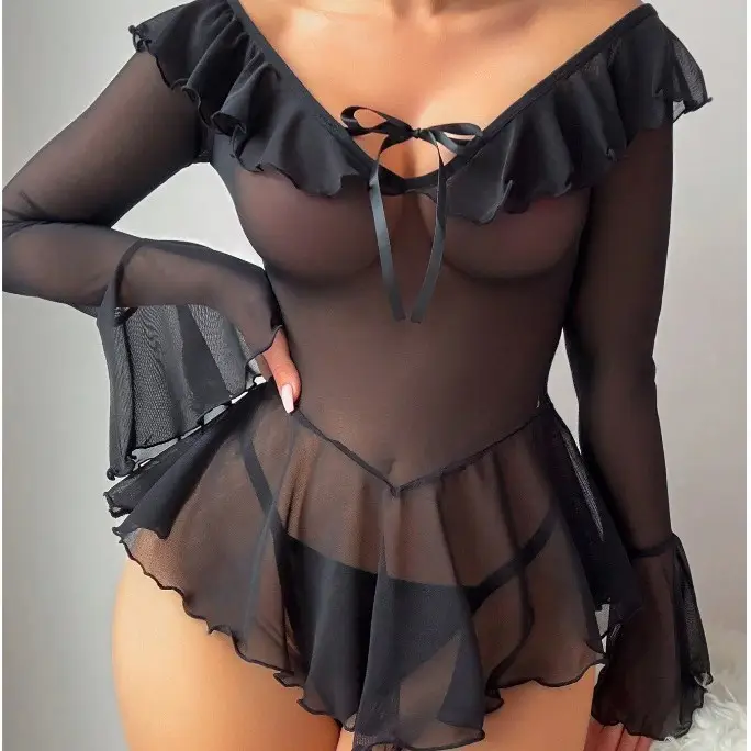Women's Sexy Coquett Mini Bodycn Dress Midnight Club See-Through Ruched Slash Neck Skinny Flared Sleeve Ruffles Hollow Sequined