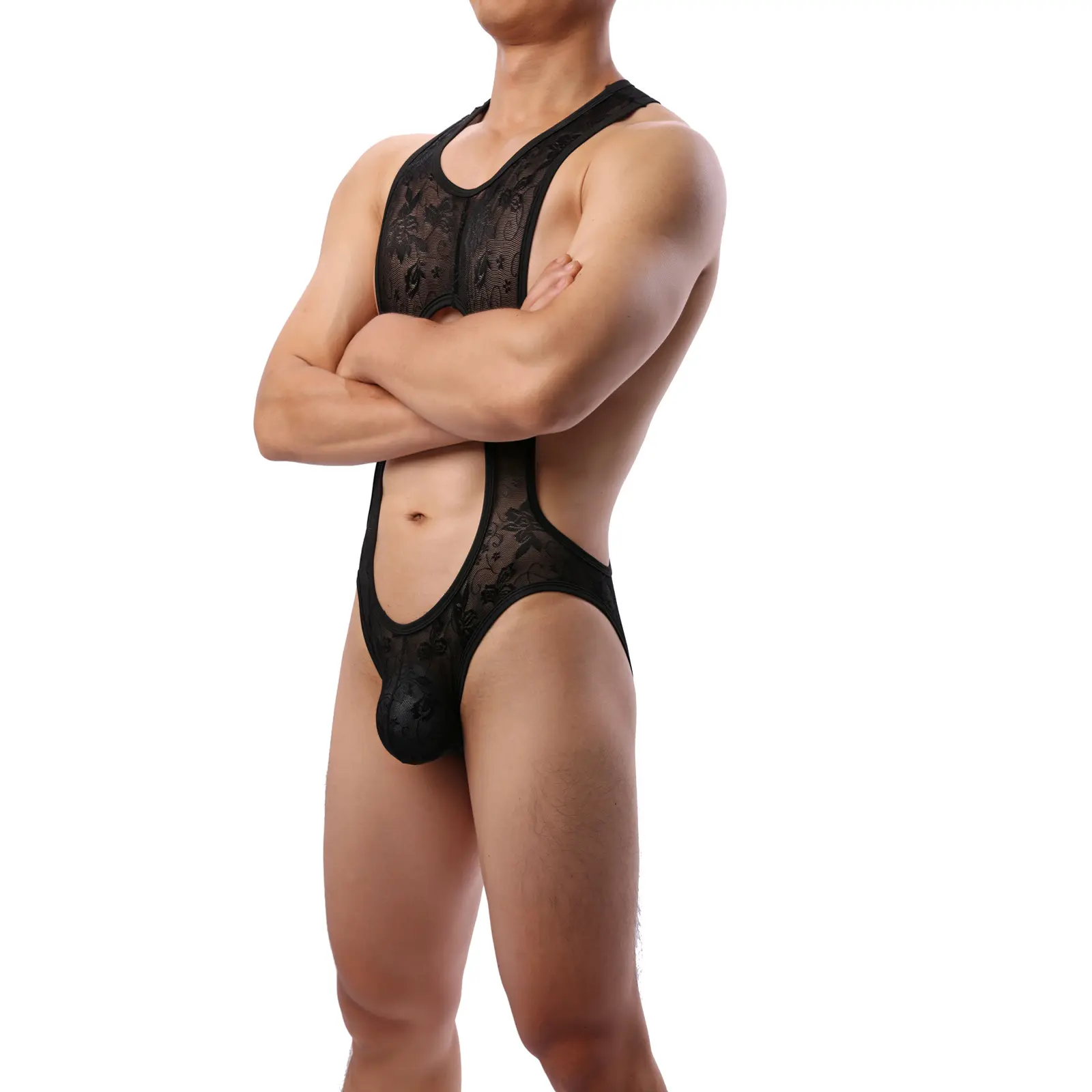 Lace Underwear Sexy Lingerie Men's Body Shaper Black Jumpsuit
