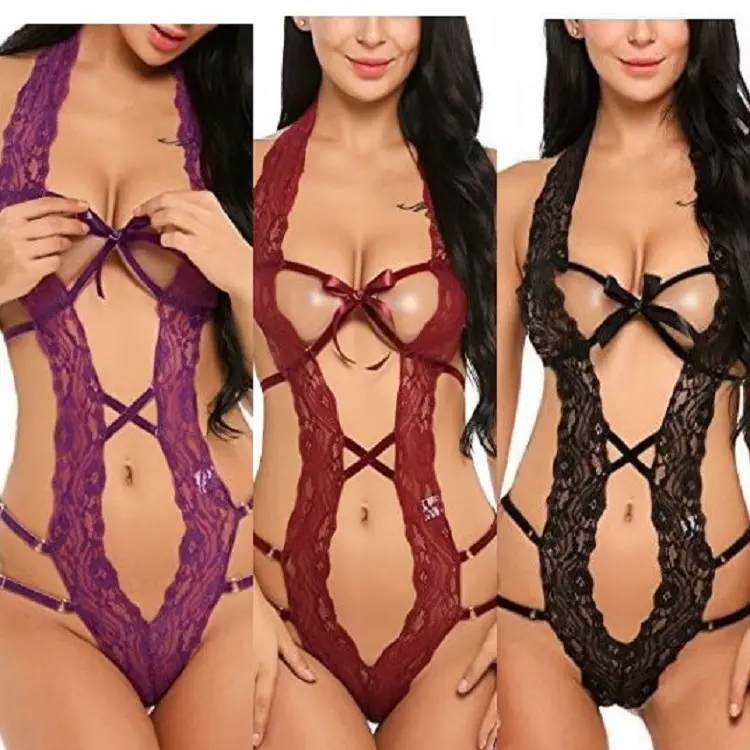 Sexy Women Deep V Halter Bodysuit Adjustable Erotic Lace-Up Bow Teddy Lingerie Corset Bodysuit for Hot Women Seductive Jumpsuit