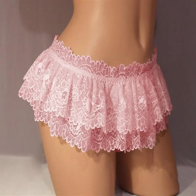 Women's Lace Briefs and Ruffled Thongs Mini Skirt Crossdress Costume Panty with Solid Pattern Comfortable Underwear