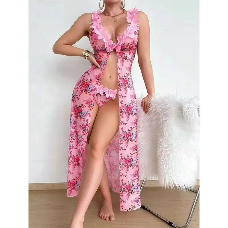 European American Women's Sexy Temptation Mesh Lace Three-Dimensional Floral Pastoral See-Through