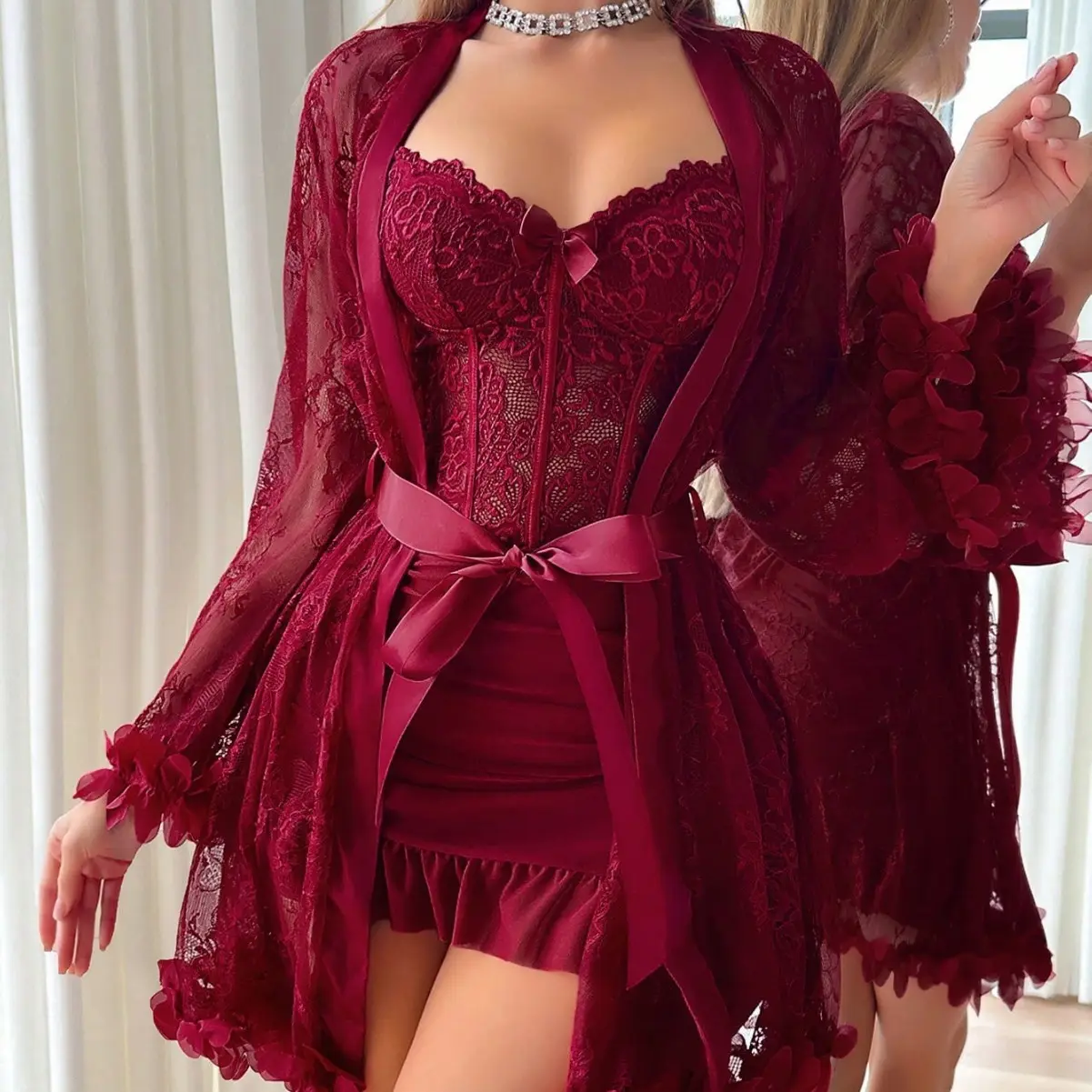 Sexy Lingerie for Intimate Date Lace Seductive Strappy Dress See-through Nightgown Robe for Women Lace Trim Robe Set