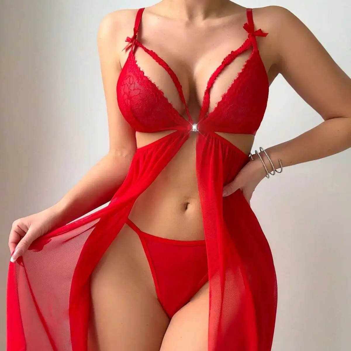 Sexy Lingerie Strap Hollow Lace Temptation Nightdress Hot Mesh Transparent Nightwear Uniform European