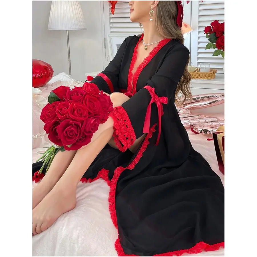 New Arrival Sexy Lace Long Women Sleepwear Wedding Robe Erotic Mesh Kimono Robe Morning Lingerie