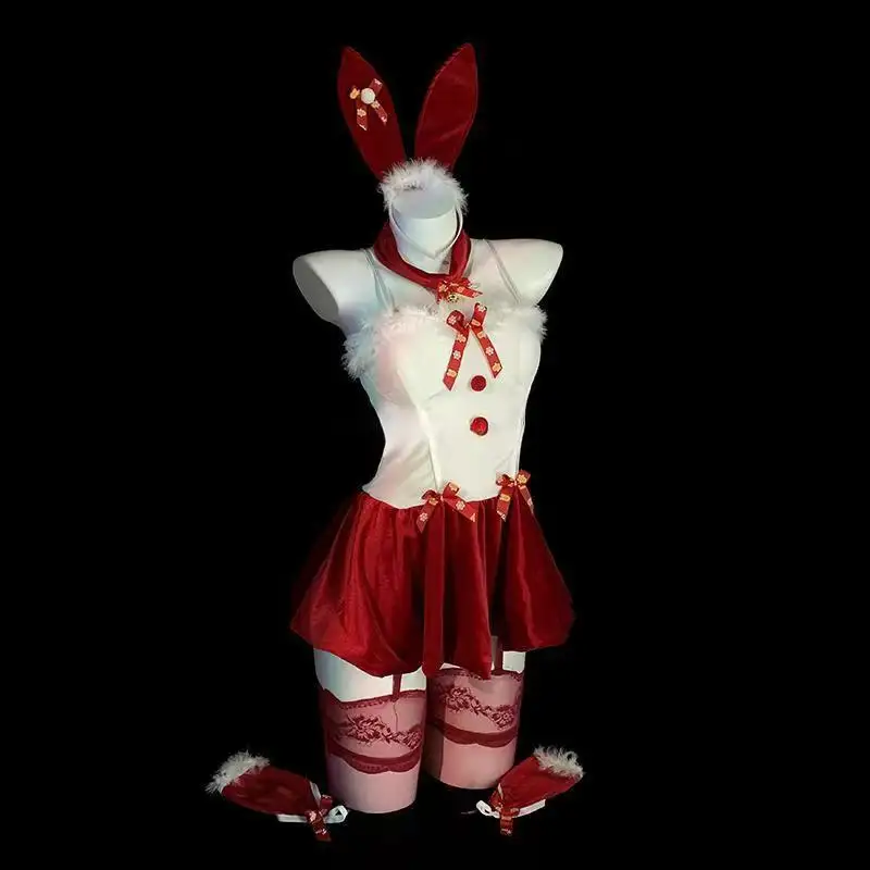 New Splicing Plush Contrasting Color Bow Strapless Dress Spicy Sexy Fluffy Dress Rabbit Uniform