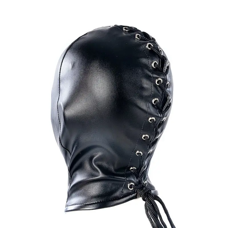 Bondage Gear Black Pu Leather Head Hood BDSM Mask Blindfold for Couple Sex