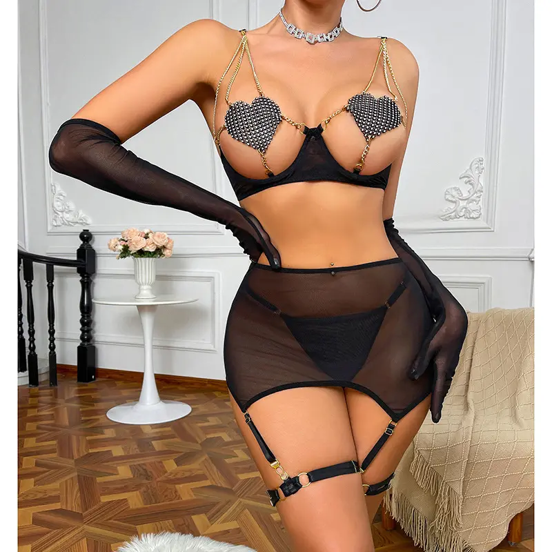 Valentine's Day Mature Woman Erotic Bra Set Lace Bow Hole Breathable Transparent Mesh 5Pcs Set with Heart-Shaped Chain