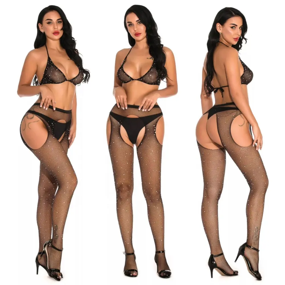 Hot See Through Erotic Lingerie Open Crotch Elasticity Fine Mesh Sexy Costumes Shiny Sequin Bodystocking Sexy Lingerie Set