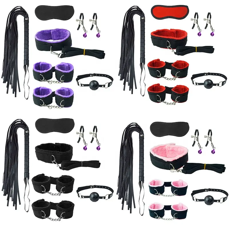 7 Pcs Bondage Kit,SM Slave Passion Fetish Bed Restraints SM Handcuffs Gag Whip Collar Sex Play Bondage Set