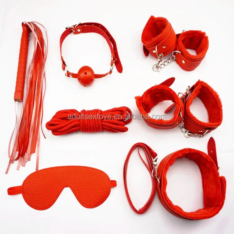 7-Piece Leather Bondage Kit Slave Passion Restraints & Handcuffs with Gag Whip Collar Sex Toys for SM Games