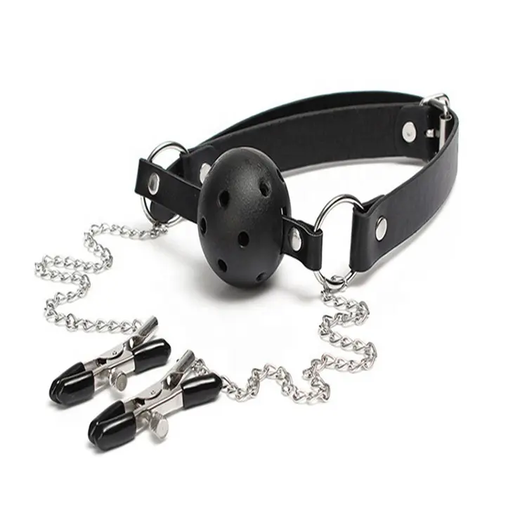 2 in 1 Set Ball Gag with Nipple Clamps,Adjustable Neck Straps and Clamp Mouth Gag Bondage Gear