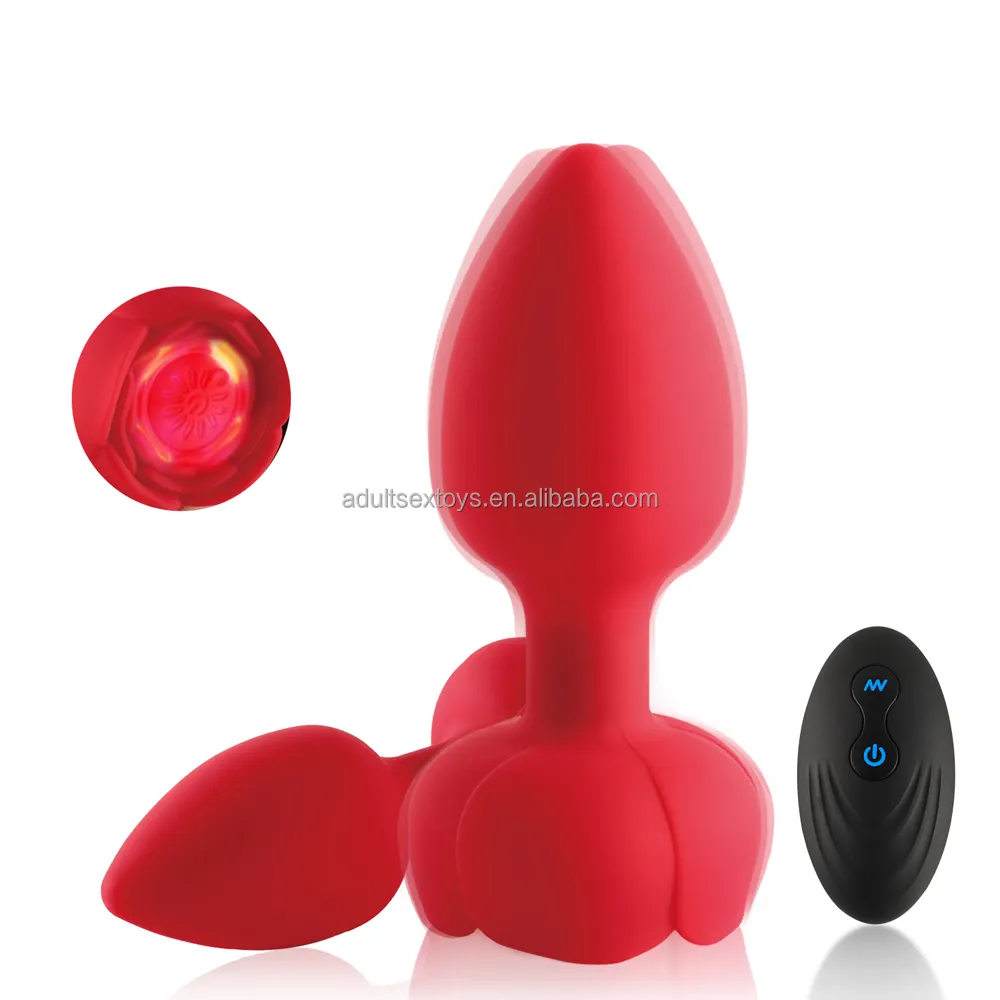 Quality Silicone Rose Butt Plug Vibrator with LED Light 10 Vibration Modes Remote Control Anal Sex Toys for Women and Men