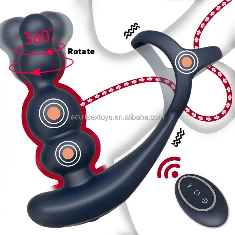 Rotating Anal Plug Prostate Massagers with Dual Cock Ring Remote Control Anal Beads Butt Plug Vibrator Adult Sex Toys for Men